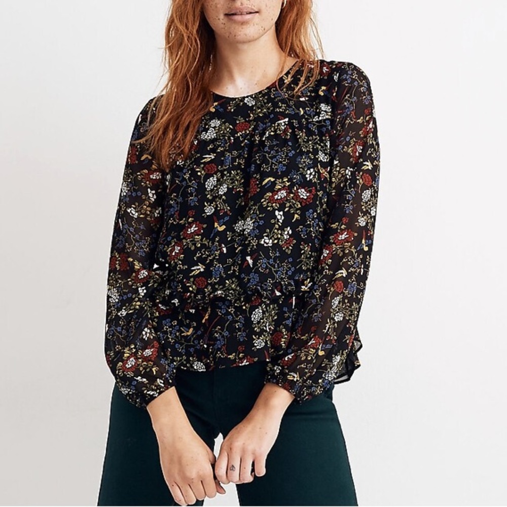 Madewell Sheer Sleeve Ruffle Peplum Floral Bird Printed Top in Finch Floral - S